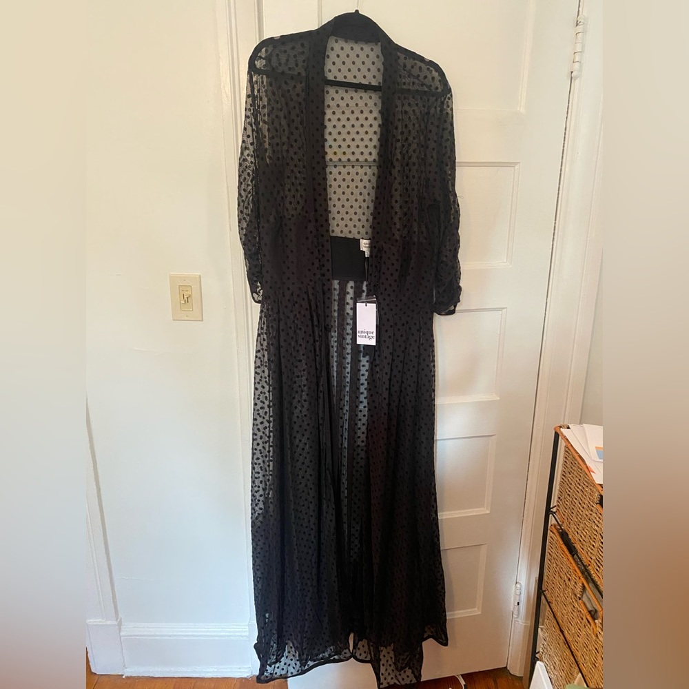 Unique Vintage dotted black transparent button-front dress or worn open.